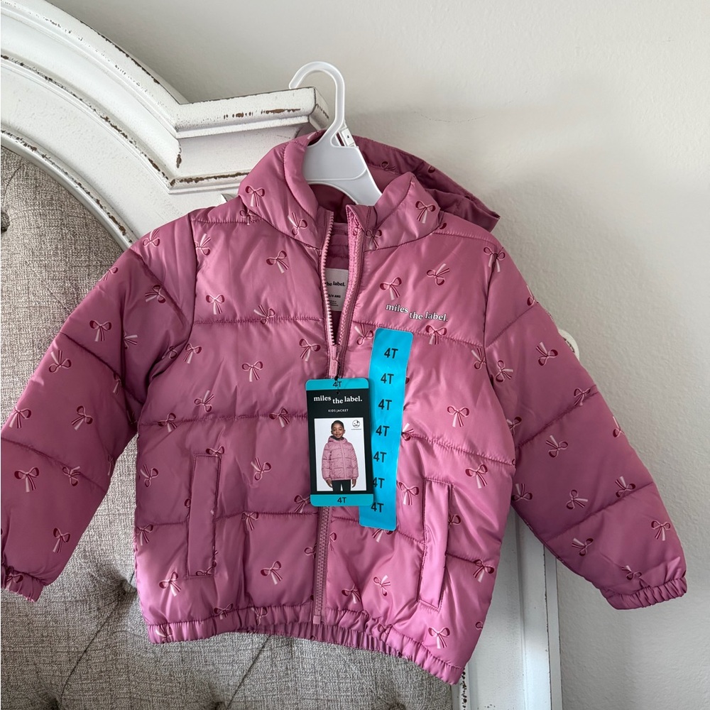 Girls' Pink Hooded Puffer Jacket with Bows  - 4T